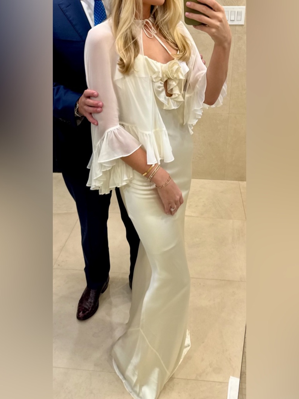 Ivory Ruffled Silk Dress with Sheer Cape - Picture 10 of 10